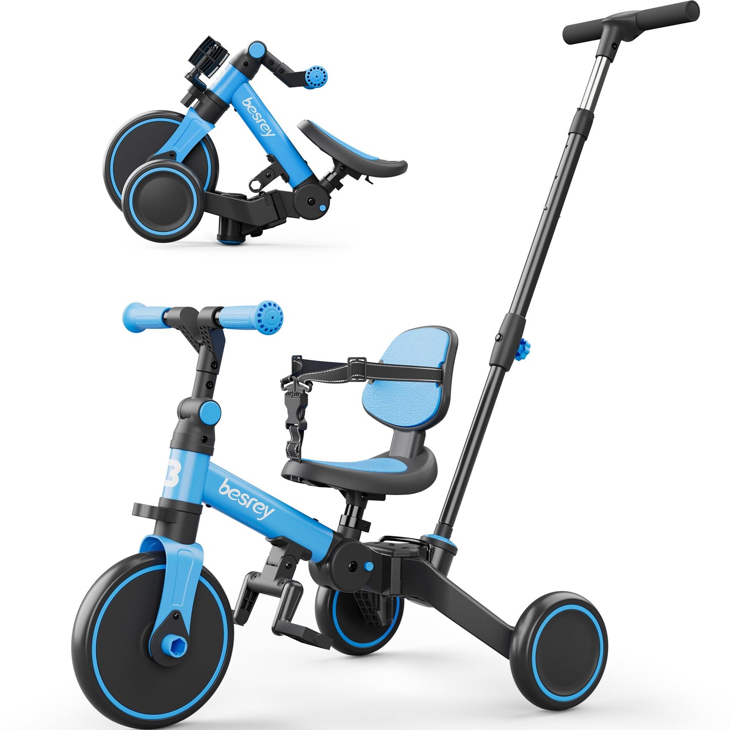 besrey 5 in 1 Toddler Bike, Toddler Tricycle for 1-3 Year Old, Trike with Push Handle, Backrest and Safety Belt, Birthday Gifts and Toys for Boys and Girls, Balance Bike