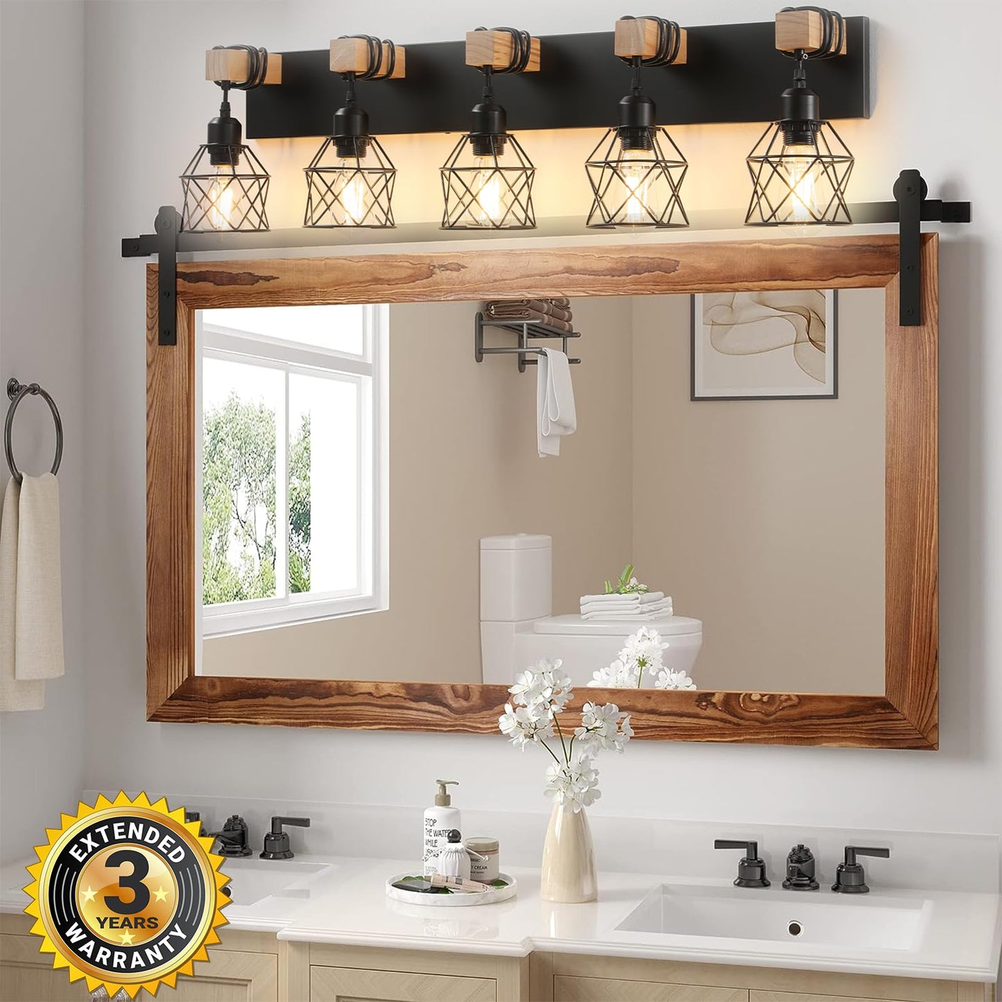 Farmhouse Vanity Light Fixture,5-Light Bathroom Lighting,Black Industrial Wood Wall Light Over Mirror with Metal Shade,LED Bulbs Not Included