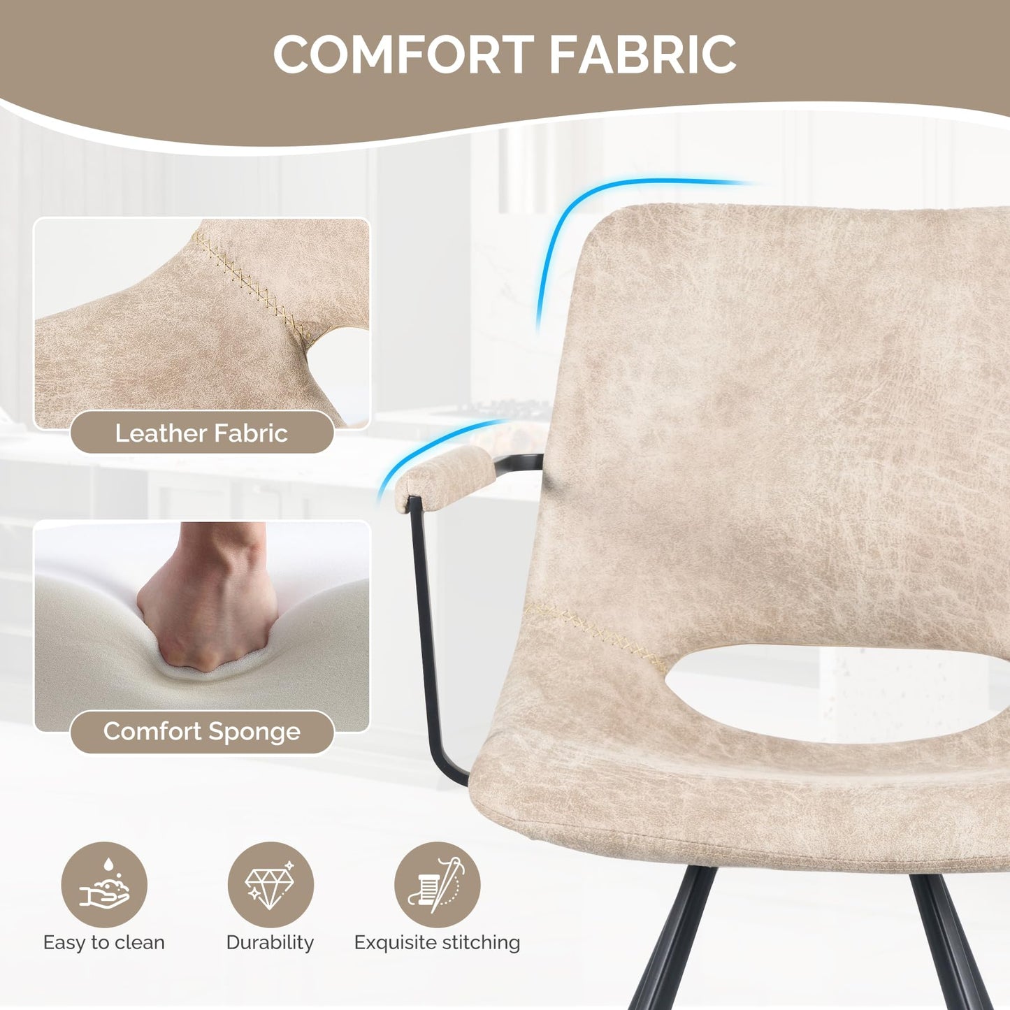 Aivermeil Beige Leather Dining Chairs Set of 2, Mid-Century Modern Dining Room Chair with Soft Cushions, Kitchen Chairs with Metal Legs for Kitchen, Living Room