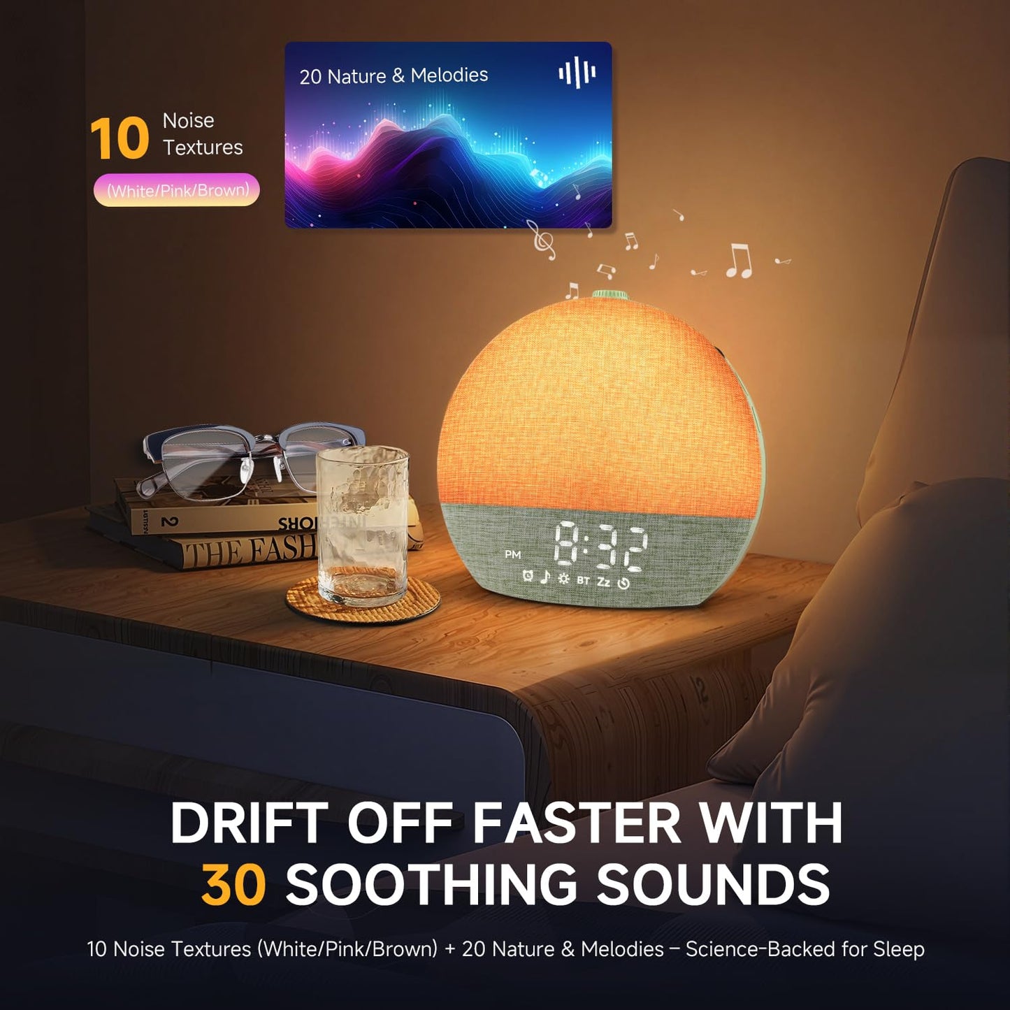 Geuuap Sunrise Alarm Clock White Noise Sound Machine for Bedroom | Natural Wake-Up Light with 30 Soothing Sleep Aids, Bluetooth Speaker, Dimmable Clock, Screen-Free Design for Baby Kids-Matcha Green