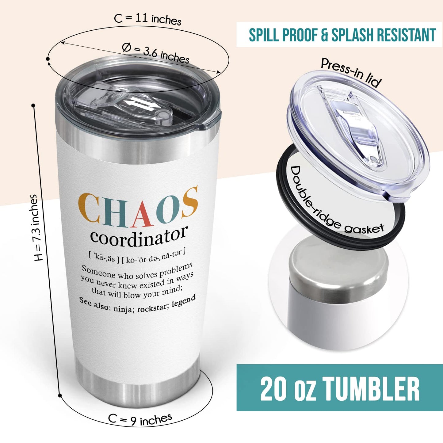 TEEZWONDER Thank You Gifts for Women - Chaos Coordinator 20 oz Stainless Steel Insulated Tumbler with Lid - Employee Appreciation Christmas Birthday Gifts for Women Coworkers Boss Teacher Nurse Friend