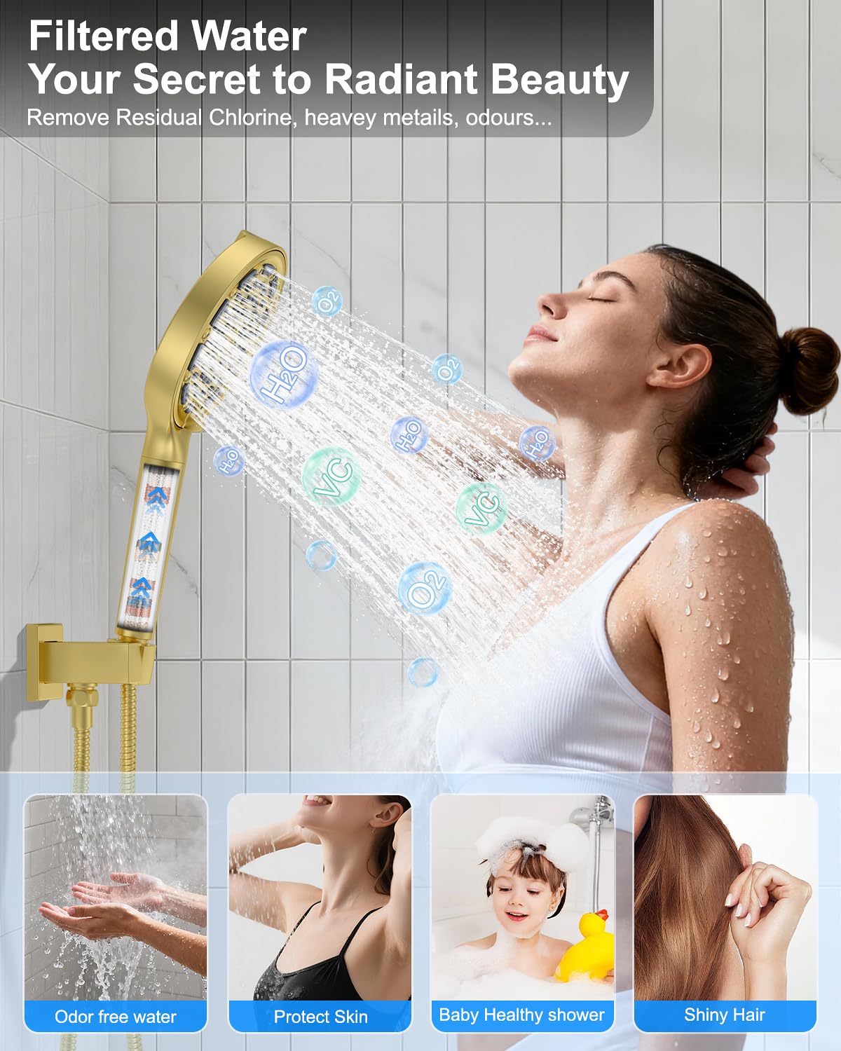 KOJOX Brushed Gold Dual Shower Head System – 11" Ceiling Rainfall + 6" Wall Mount Heads, 6-Mode Handheld Spray, Push-Button Diverter Faucet Set