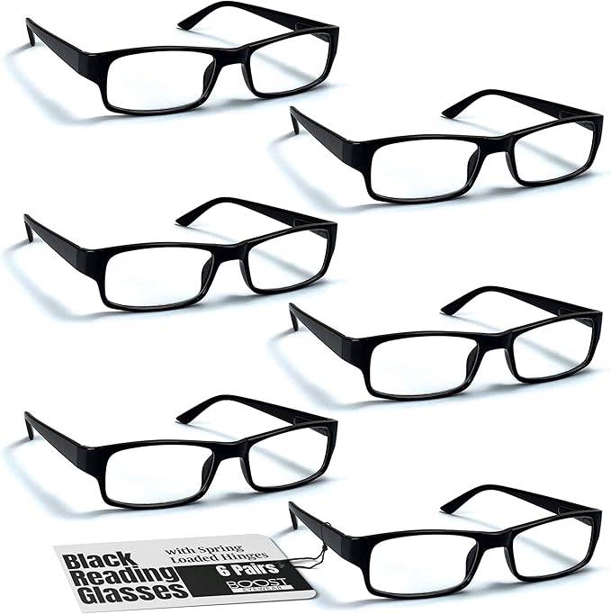 Boost Eyewear 6 Pack Reading Glasses, Traditional Black Frames, with Spring Loaded Hinges