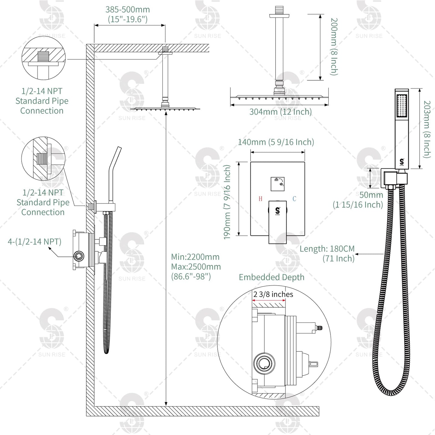 SR SUN RISE 12 Inch Ceiling Mount Matte Black Shower System Bathroom Luxury Rain Mixer Shower Faucet Set Ceiling Rainfall Shower Head System Faucet Trim Repair Kits Rough-in Valve and Trim Included