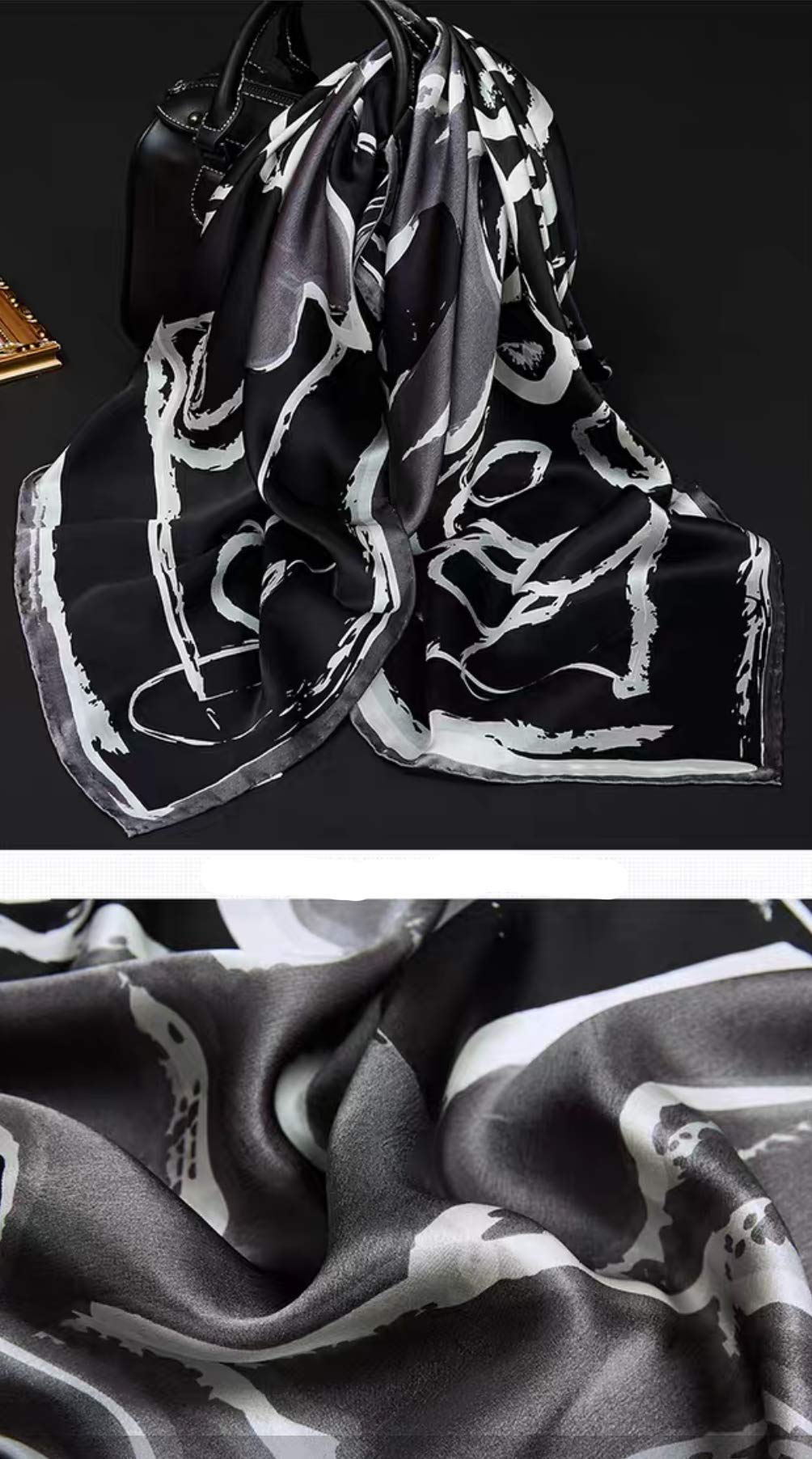 ANDANTINO 100% Pure Mulberry Silk Scarf 35" Large Square Real Silk Headscarf –Women’s Hair Scarves and Wraps (Black)