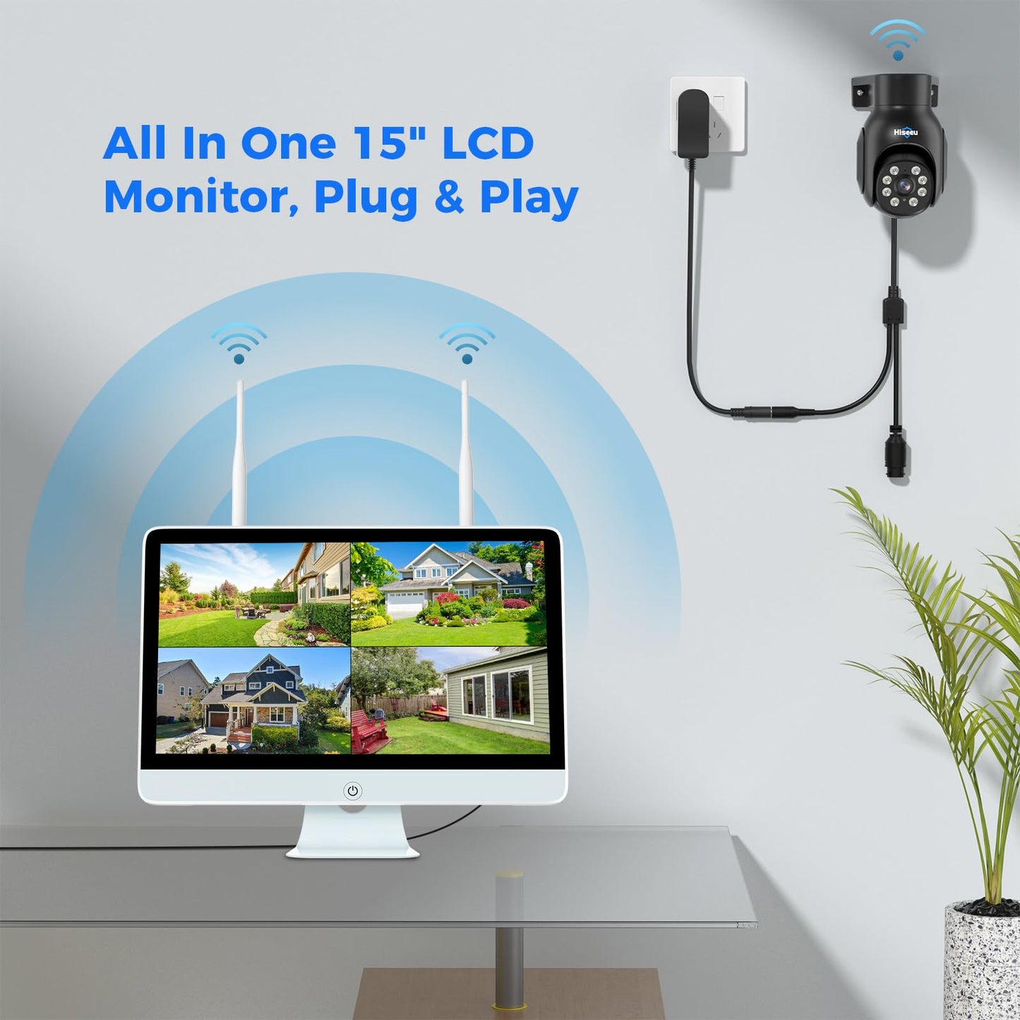 Hiseeu Wireless Security Camera System,All-in-One with 15" LCD Monitor 16CH NVR 4PCS 5MP PTZ Outdoor Camera,3TB HDD Storage, 2-Way Audio, Color Night Vision, Motion Alert,2.4G & 5G WiFi