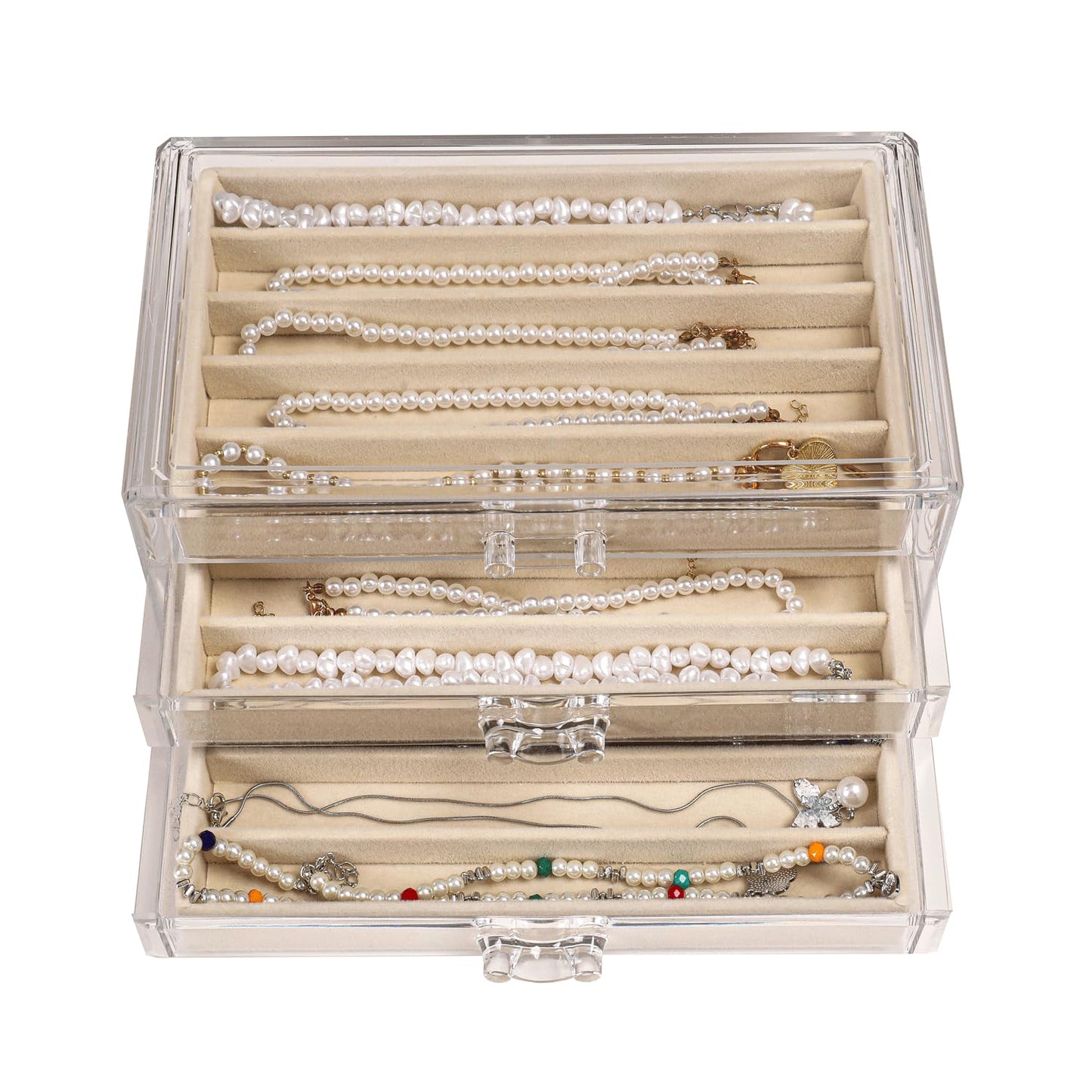 CLUQMEIK Necklace Organizer Box with Clear Lid, Dustproof Velvet Jewelry Holder Storage Display Case, Stackable Acrylic Necklace Tray Drawer Insert for Women and Girls (Beige,3 Drawers)