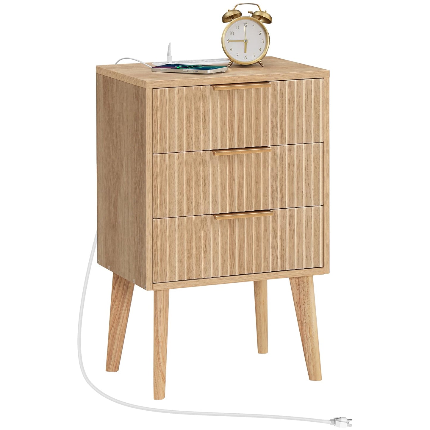 MAHANCRIS End Table, Fluted Night Stand, Modern Side Table with Charging Station, Bedside Table with 3 Drawers, Mid Century Nightstand, for Living Room, Bedroom, Study, Office, Natural ETNA64E01