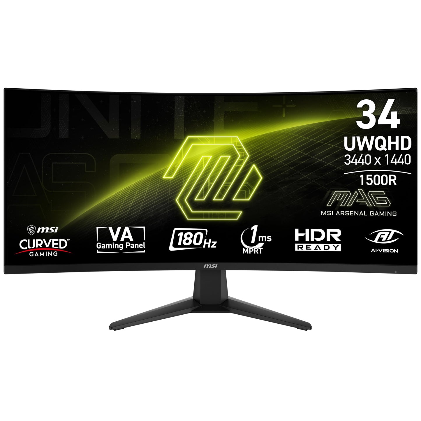 msi MAG 346CQ 34-inch 3440 x 1440 (UWQHD) Gaming Monitor, 180Hz, FreeSync Premium, HDMI, DisplayPort, VESA Mountable, Tilt, Height Adjustable, Speaker, 1ms, Black