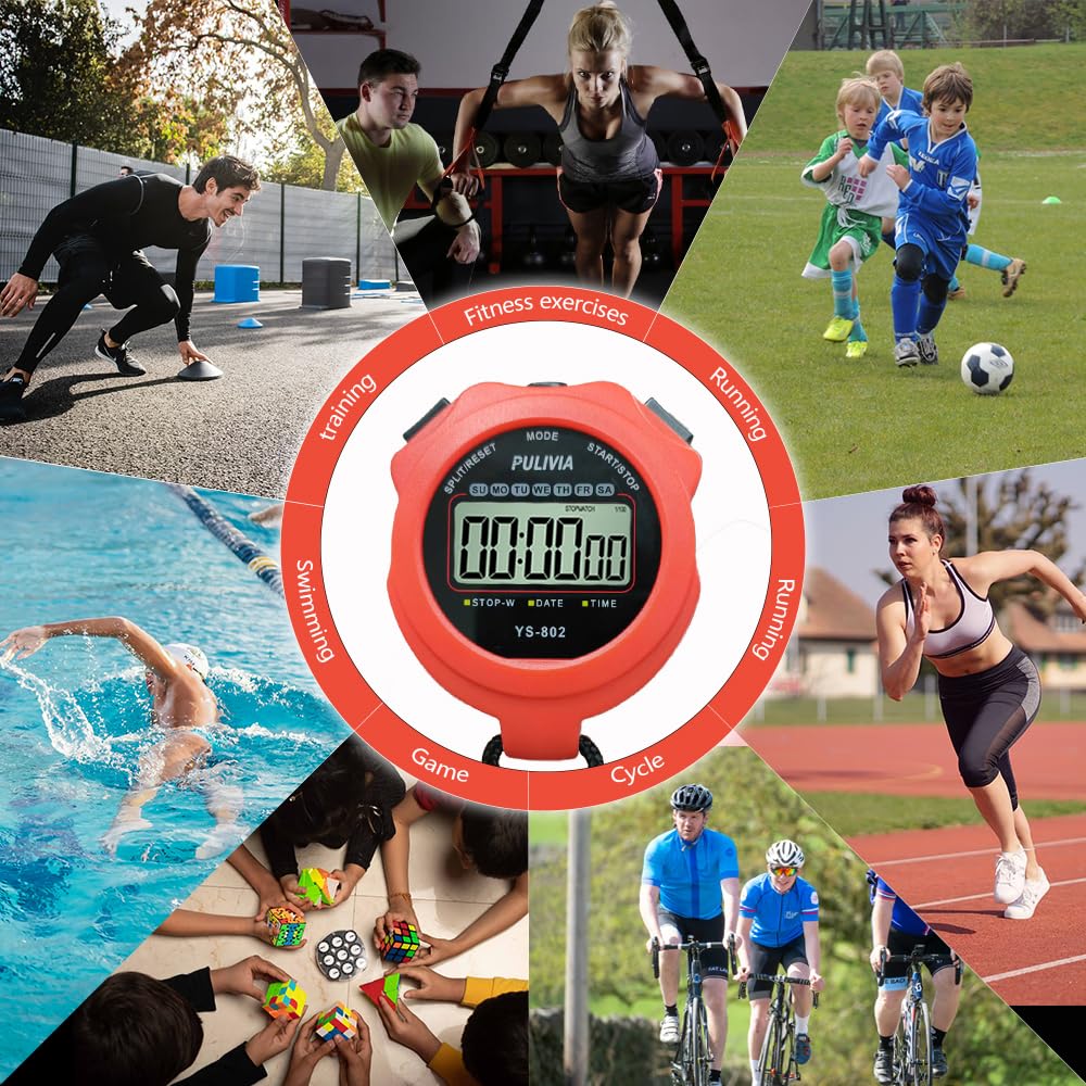 PULIVIA Sports Stopwatch Timer Single Lap Split Digital Stop Watch for Sports Kids Coaches Swimming Running, Red