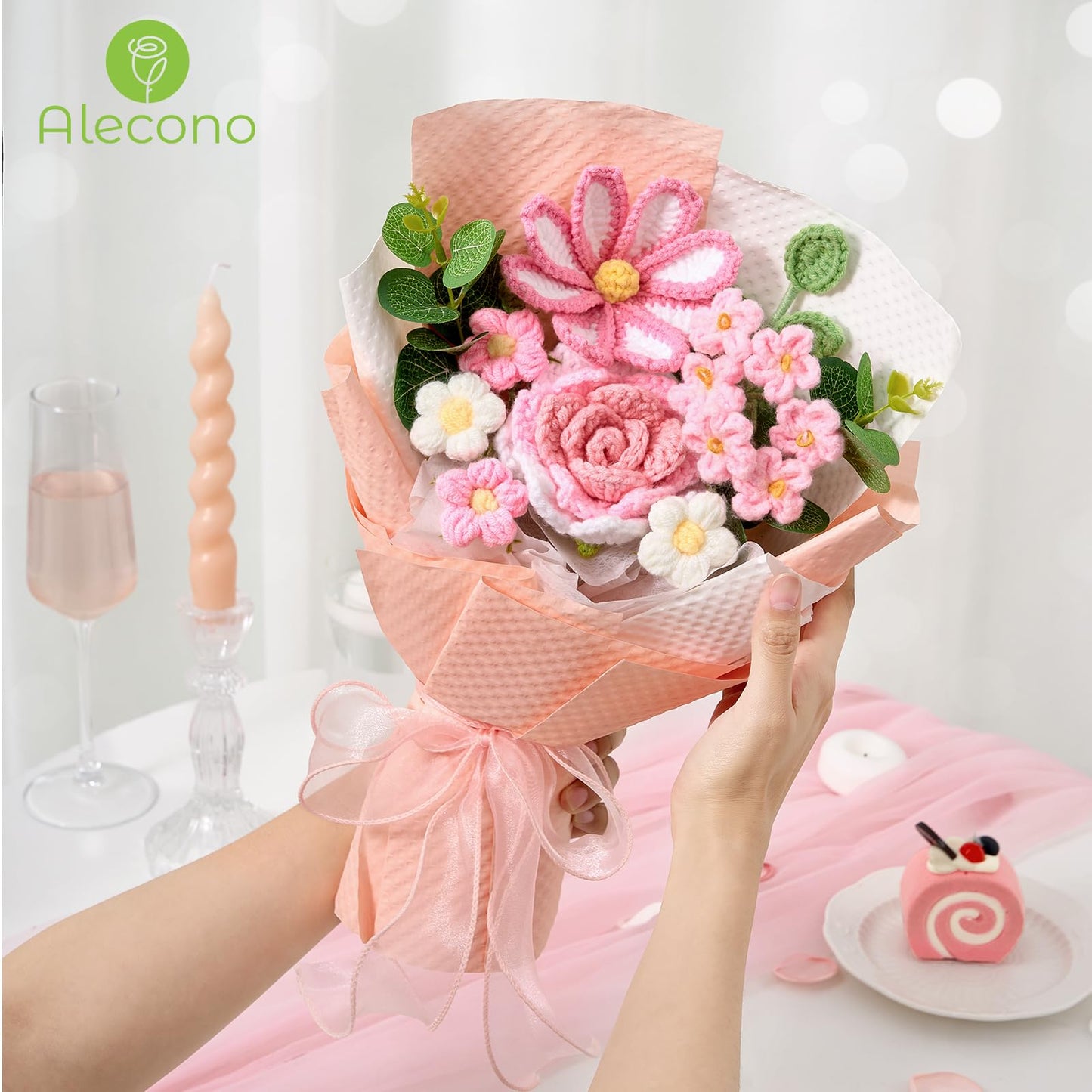 Alecono Crochet Flower Bouquet, Knitted Flowers, Pink Handmade Bouquet of Flowers for Lover Anniversary Birthday Party Mother's Day Graduation Gifts (Include Card)