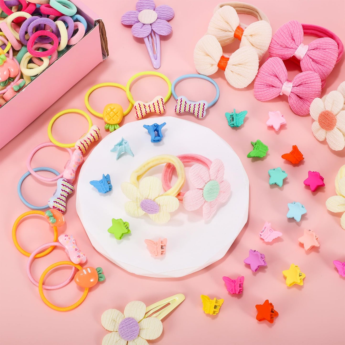 obeoby 156 Pcs Toddler Hair Ties Girls Hair Accessories, Baby Hair Bows Cute Flower Hair Ties Mini Hair Clips Little girls Hair Accessories for Thick Hair