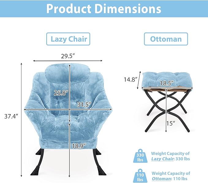 Youtanic Lazy Chair with Folding Ottoman, Accent Chair Plush Upholstered with Metal Structure and Non-Slip Pads, Sofa Armchair with Footrest and Side Storage Bag for Dorm, Room, Office, Blue