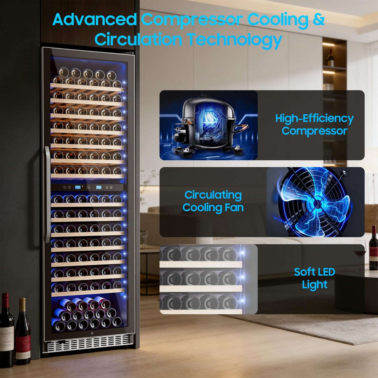 176 Bottle Dual Zone Wine Fridge 24 Inch Large Capacity, Built-in & Freestanding Wine Cooler Refrigerator, Upgraded Compressor Temperature Memory, Quiet Sliding Rail Shelves Professional Wine Cellar