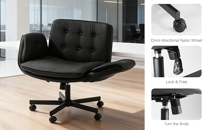SunSettler Criss Cross Chair with Armrests & Wheels, Comfortable Adjustable Swivel Office Desk Chairs, PU Leather Vanity Chair for Make Up, Home, Bed Room, Gaming, Meditation (Black)