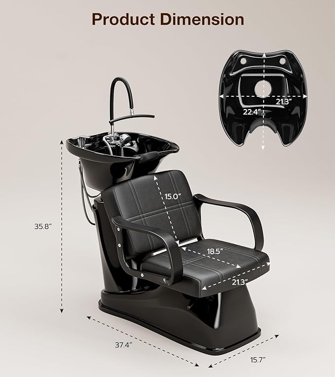 SyyBhb Shampoo Chair and Bowl Set of 2 for Salon, Head Spa Waterfall and Sprayer, Tilting ABS Bowl, Distance Adjustable Seat, Barbershop Spa Equipment