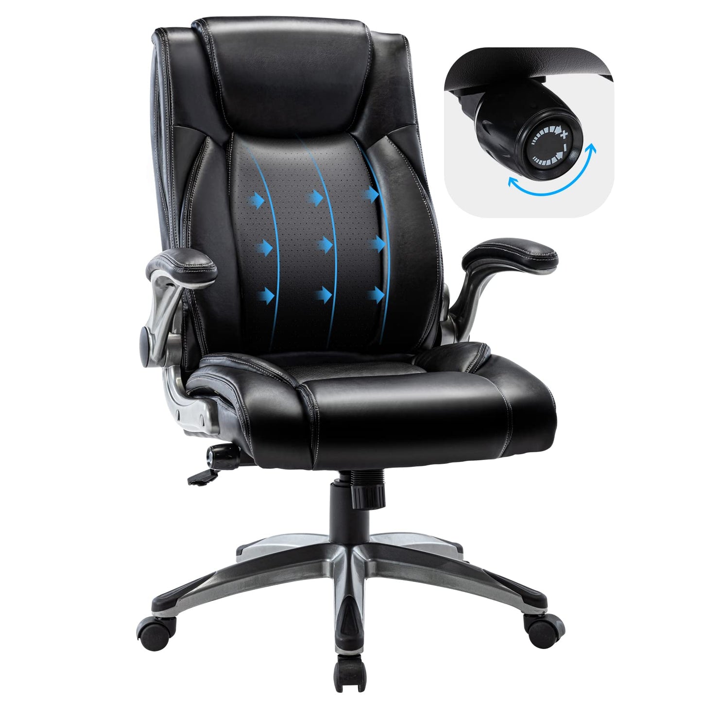 Executive Leather Office Chair, Ergonomic Office Chair with Adjustable Lumbar Support,High Back Computer Desk Chair, Flip-up Arms, Swivel Rolling Home Office Work Chair for Adults, Men, Women (Black)