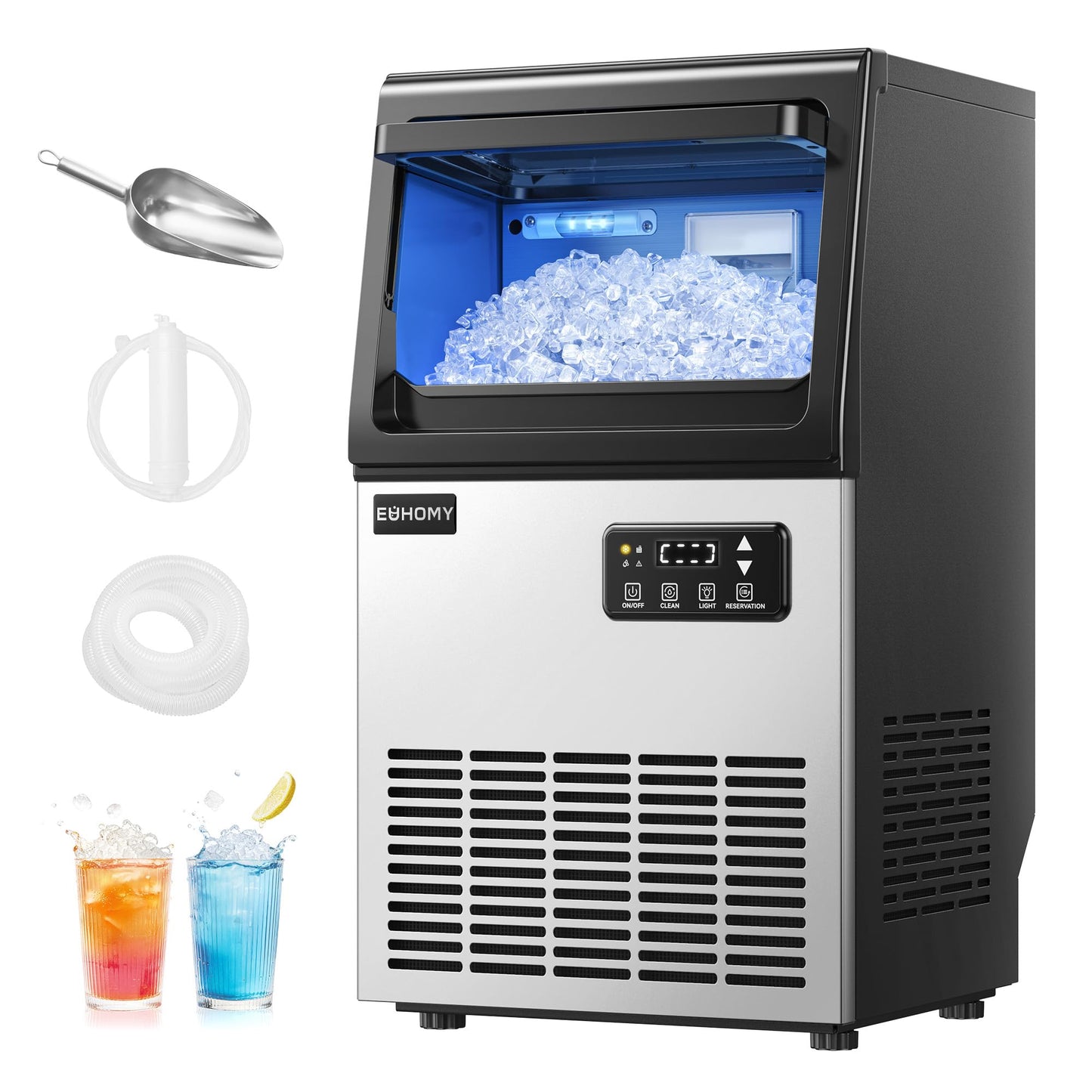 EUHOMY Commercial Nugget Ice Maker Machine, 80lbs/24H, Stainless Steel Under Counter Pebble Ice Maker with Water Filter, 9.25lbs Storage Bin, Soft Sonic Ice Machine for Home/Bar/Cafe/Restaurant