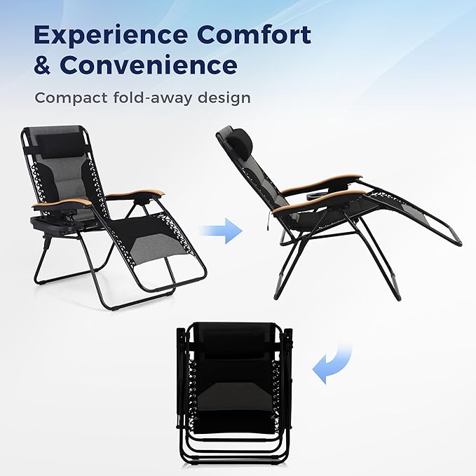 MAISON ARTS Oversized XXL Zero Gravity Chair, 30" Wide Seat Padded Foldable Recliner, Anti Gravity Outdoor Lawn Chair for Poolside/Backyard/Beach, Supports 400lbs, Black & Grey