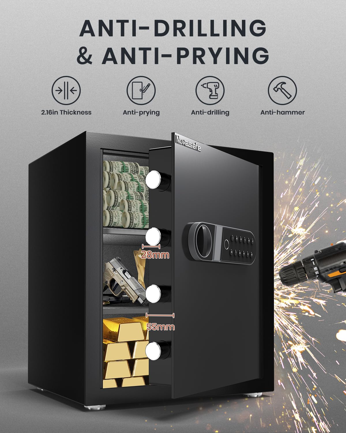 Biometric Safe, 2.0 Cu ft Fingerprint Home Safe Box with Fireproof Waterproof Bag & Key, Security Money Safe for Cash, Jewelry, Valuables, Digital Electronic Keypad, Dual Alarm System