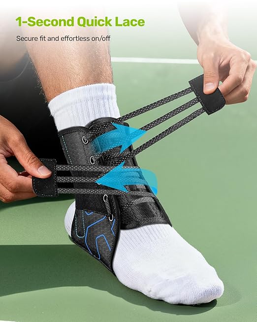 Rakiie Quick Lace Up Ankle Brace with 2 Metal Support Stays, Breathable Stabilizer for Sprained Ankle, Slim Fit Ankle Support for Men & Women, Sports, Running, Basketball (Black, L)