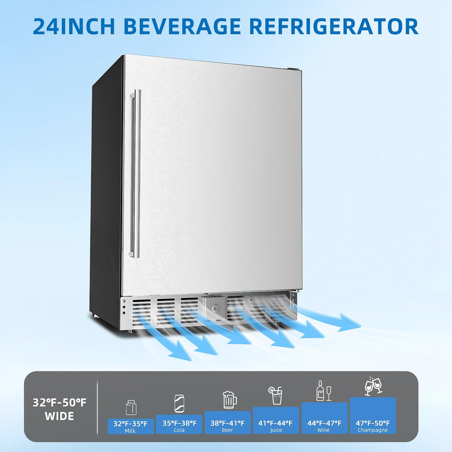 Antarctic Star 24 Inch Outdoor Beverage Refrigerator, 180 Can Stainless Steel Mini Fridge, Undercounter Built-in or Freestanding, Fast Cooling Low Noise Wine Cooler for Home Patio, 32-50°F