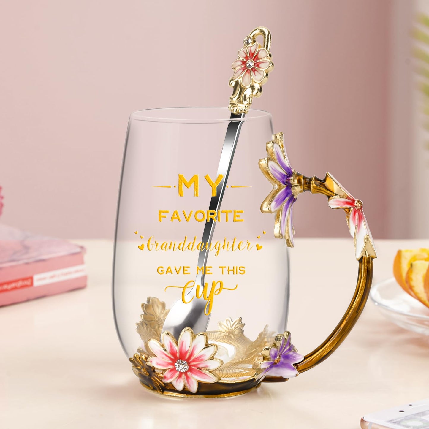 OEAGO Grandma Gifts from Granddaughter Tea Cup Birthday Grandparent Gifts Mothers Day Enamel Flower Glass Mugs from Grandkids Grandchildren