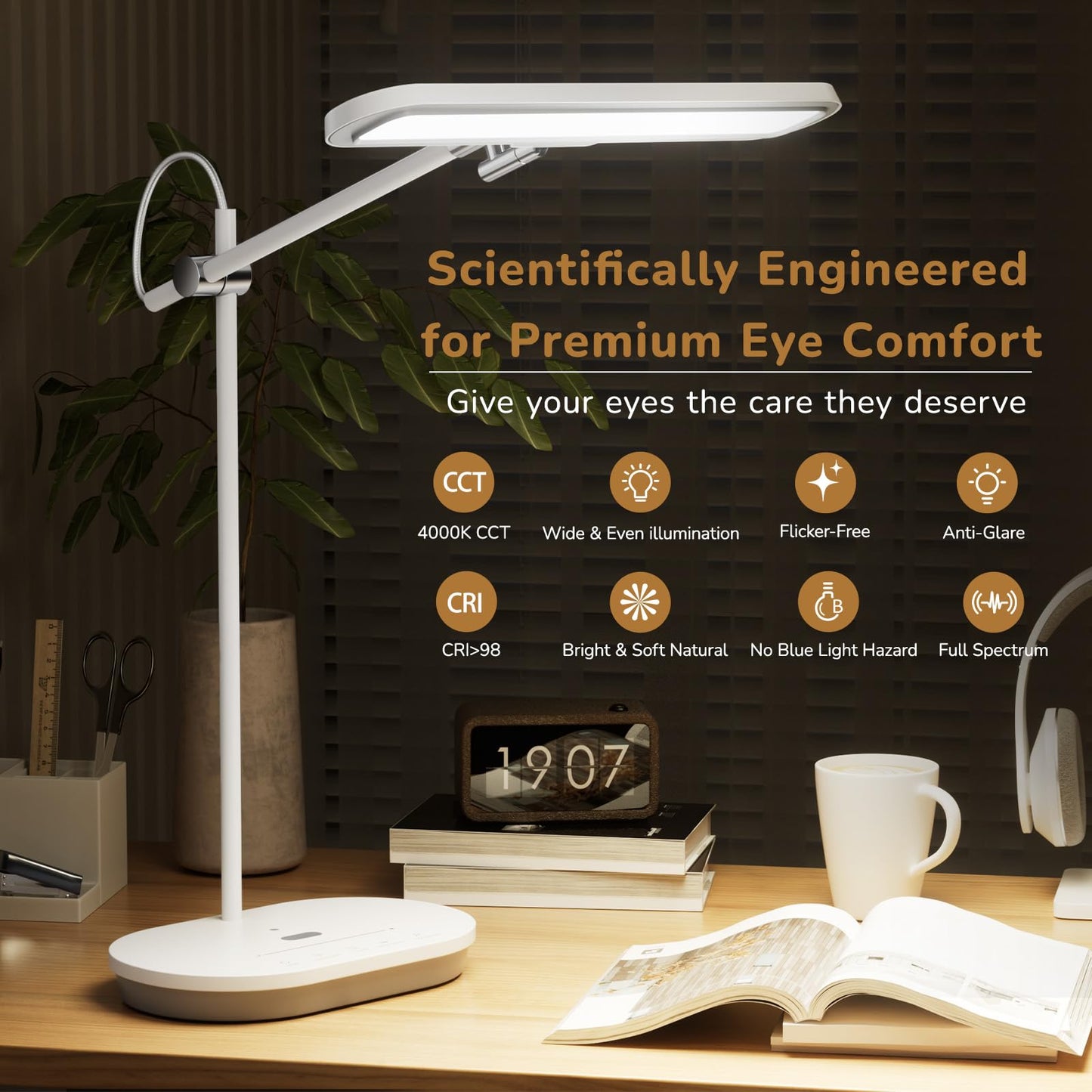 Newkana LED Desk Lamp with CRI 98, Advanced Eye-Caring Bright Desk Light for Crafting, Home Office & Kids Studying, Multi-Angle Adjustable, Dimmable Full Spectrum with Touch & Gesture Control