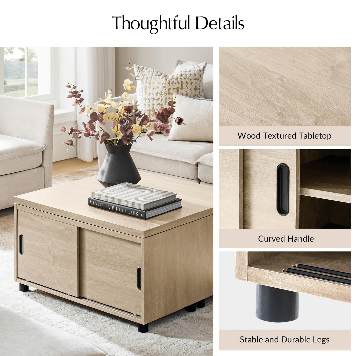 HULALA HOME Coffee Table with Storage, Modern Sofa Side Table with Modular Design, Rectangle Wood End Table with Adjustable Shelves, Natural