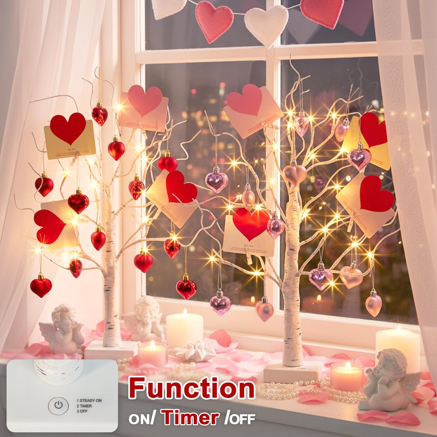 PEIDUO Valentine's Day Decorations, Set of 2 Gift Card Tree with 24 Hanging Heart Ornaments, for Home Indoor Bedroom Anniversary Wedding Party Decor, 6H/18H Timer