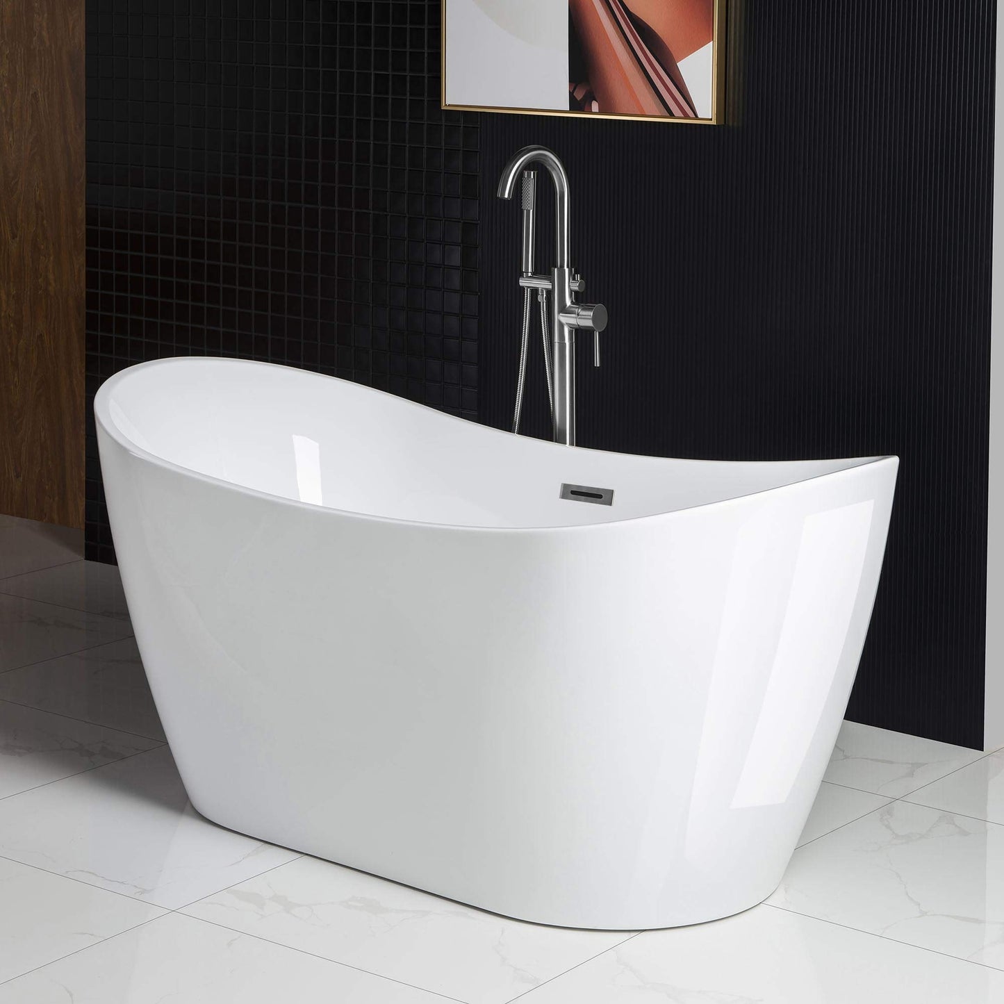 WOODBRIDGE 59" Acrylic Freestanding Bathtub Contemporary Soaking White Tub with Chrome Overflow and Drain，BTA1516-C-Drain-&O