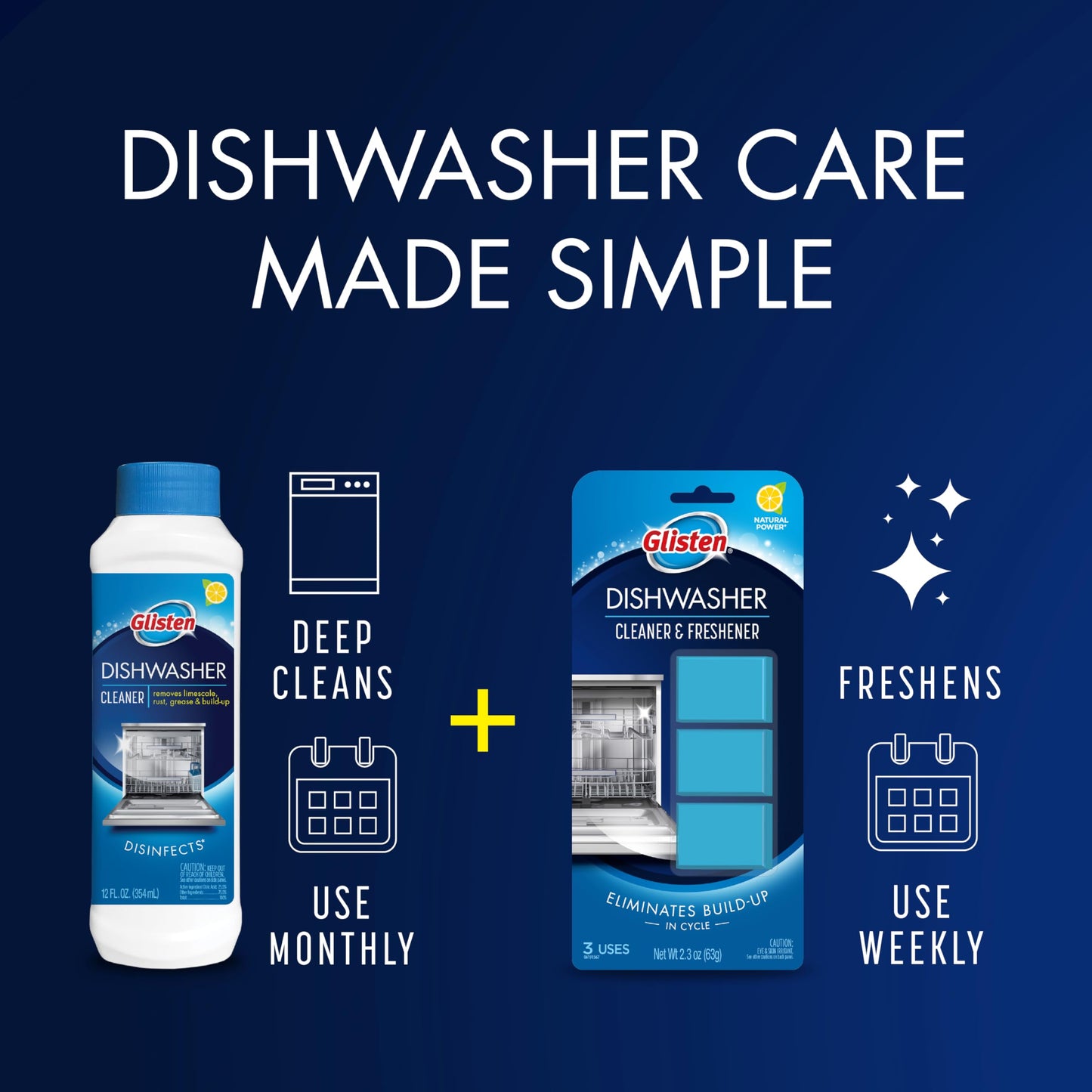 Glisten Dishwasher Cleaner, Removes Limescale, Rust, Buildup, and Grease, Lemon Scent, Made in the USA, 12 Ounce Bottle, 3-Pack