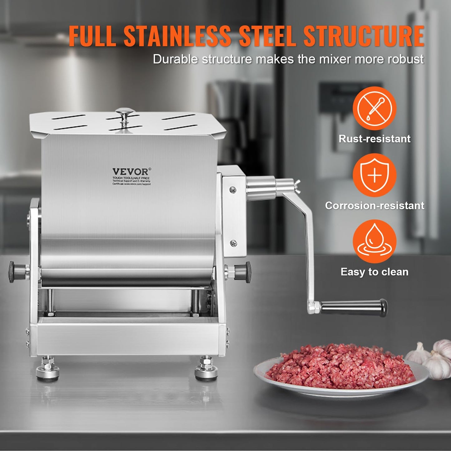 VEVOR Manual Meat Mixer, 80 Pound Capacity Tilt Tank Meat Mixer, Stainless Steel Meat Processing Equipment, Sausage Mixer Machine with Lid and Handle, Ground Beef Hand Mixer, Silver