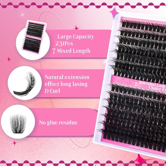 FADLASH Lash Extension Kit 80D+100D 280Pcs Lash Clusters D Curl DIY Eyelash Extension Kit with Lash Bond and Seal Lash Applicator 3D Effect Lash Cluster Kit fluffy (80D+100D Kit, Mix 12-18mm)