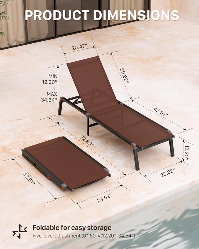 Aluminum Chaise Foldable Patio Lounge Chair Outdoor, Metal Deck Lounger Adjustable 5-Position Recliner Pool Chase Breathable Full Flat Outside Sun Tanning Chairs for Beach/Poolside/Lawn(Brown, 2 Pack)