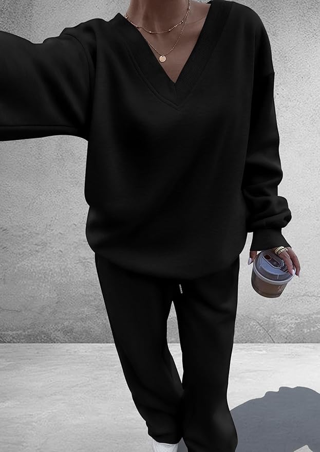 PRETTYGARDEN Casual Winter Two Piece Sets for Women 2026 V Neck Sweatshirt Loose Wide Leg Pants Tracksuit Knit Fall Outfits