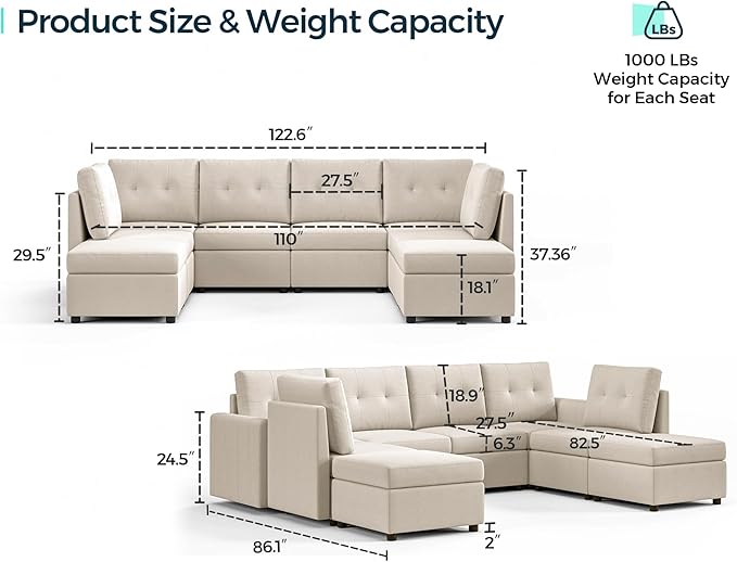 LINSY HOME Modular Sectional Sofa Oversized, Removable Cover Living Room Couches with Storage Deep Seat & Ottoman Chaise L/U Shaped Sofa Modern Couch (Dark Grey, 6 Seats & 2 Ottomans)