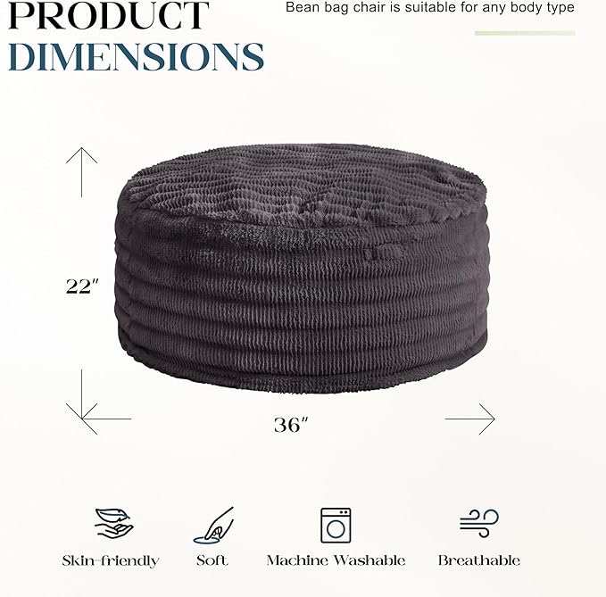 Hobestluk Bean Bag Chairs Beanbag Chair with Filler Adult Bean Bags with Fluffy Ripple Cover, Giant Bean Bag Chairs for Adults (Dark Grey, 3FT - 36" x 36" x 22")