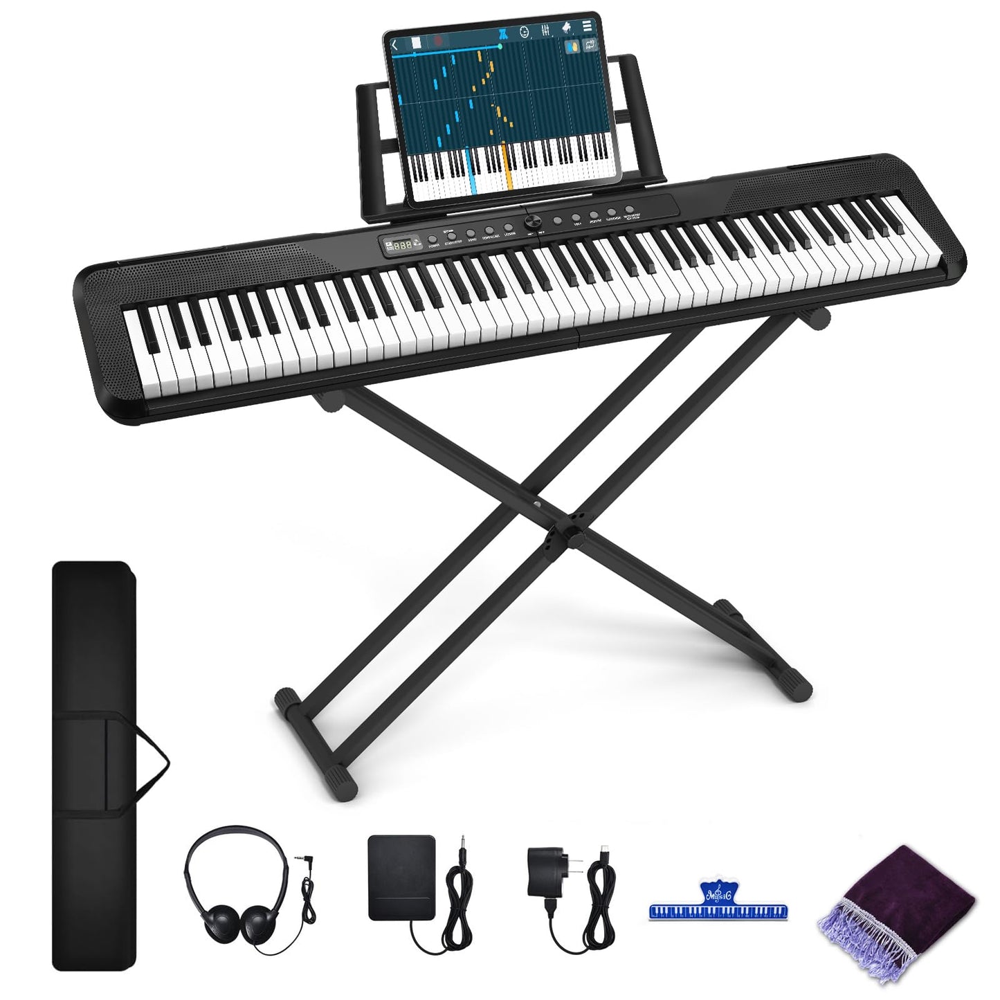 88 Key Digital Piano, Semi Weighted Electronic Keyboard Piano with Music Stand, Power Supply, Sustain Pedal, Bluetooth, Carrying Case, Headphones, USB-MIDI Compatibility, for Beginner Professional