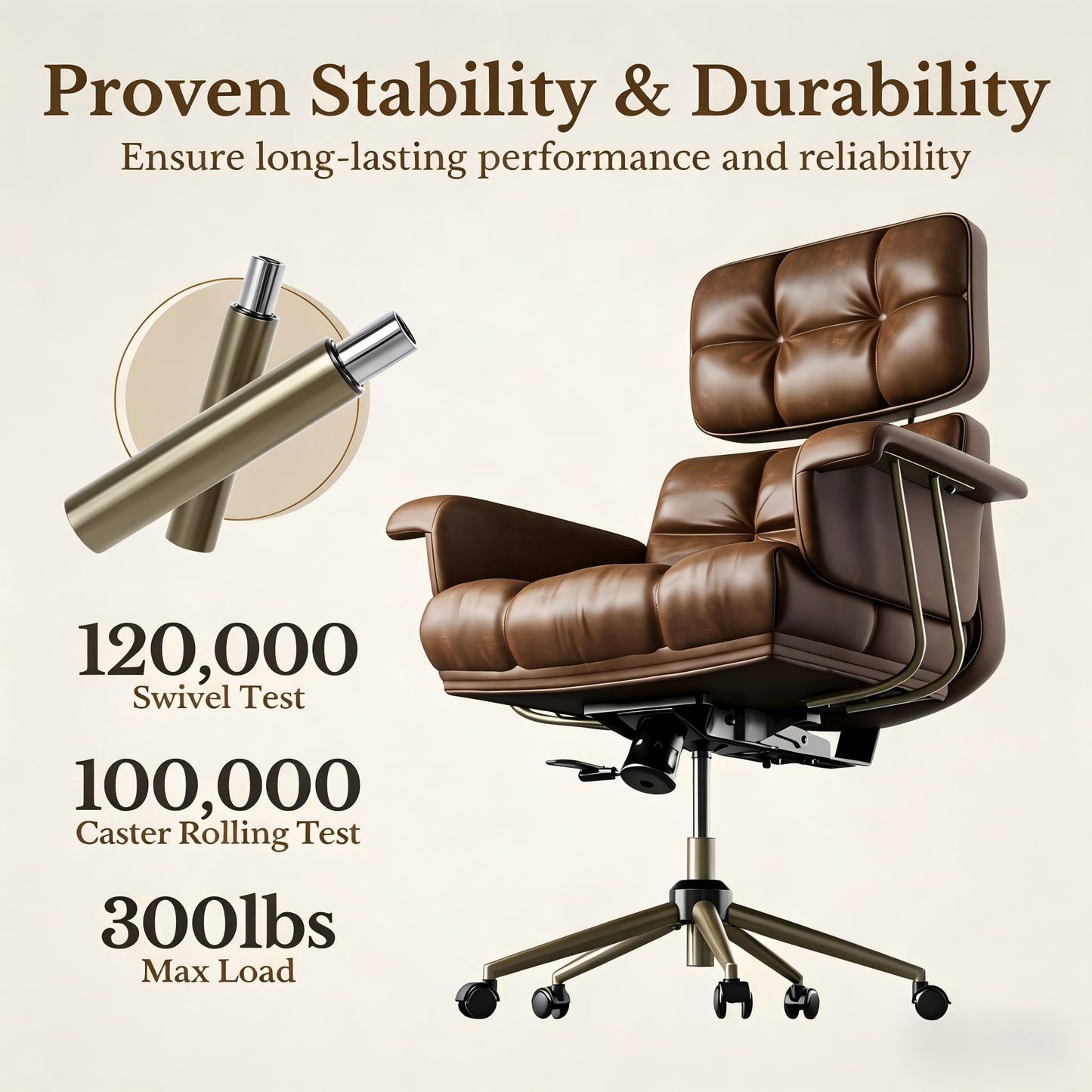 Marsail Executive Office Chair, PU Leather Ergonomic Desk Chair with Thick Cushion & Lumbar Support, Mid-Century Modern Swivel Computer Chair for Home Office, Brown