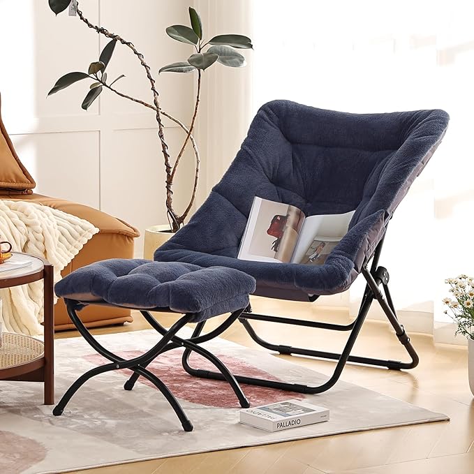 Givjoy Comfy Folded Chair with Ottoman, Oversized Folding Faux Fur Chair Soft Furry Lounge Lazy Chair with Metal Frame Moon Chair Accent Chair for Bedroom, Living Room, Dorm Rooms