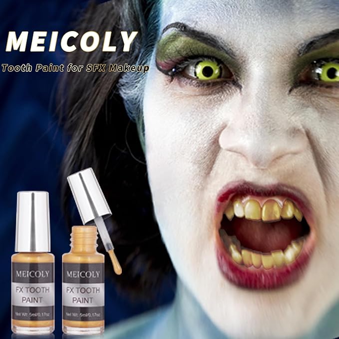 MEICOLY Gold Tooth Paint,Rotten Decayed Cruddy Missing Teeth Makeup,Professional Cosplay Teeth,Temporary Teeth Paint for Halloween SFX Special Effects Makeup,Dry Fast,Safe for Mouth,Long Lasting