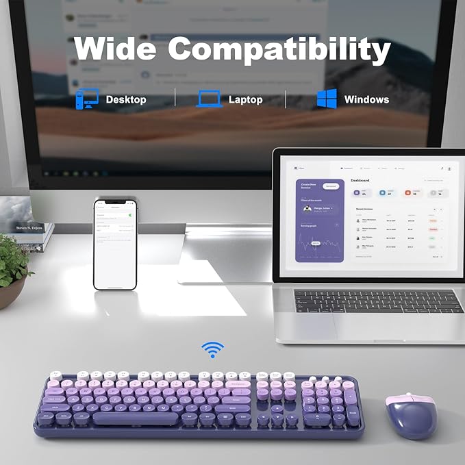Wireless Keyboard and Mouse Combo, 104 Keys Full-Size Typewriter Keyboards, 2.4 GHz USB Receiver Plug and Play for Windows 7 8 10 11, PC, Laptop, Desktop (Purple)