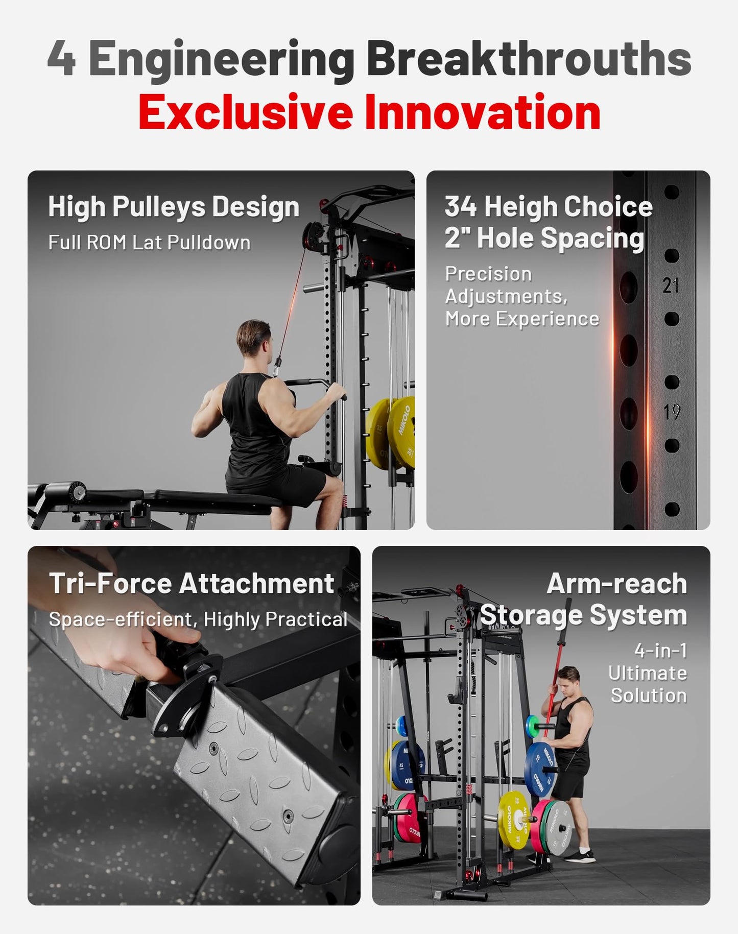 Mikolo Smith Machine, 2200lbs Squat Rack with LAT-Pull Down System & Cable Crossover Machine, Power Rack and Packages (RPRO230CPHGP with Weight Stack)