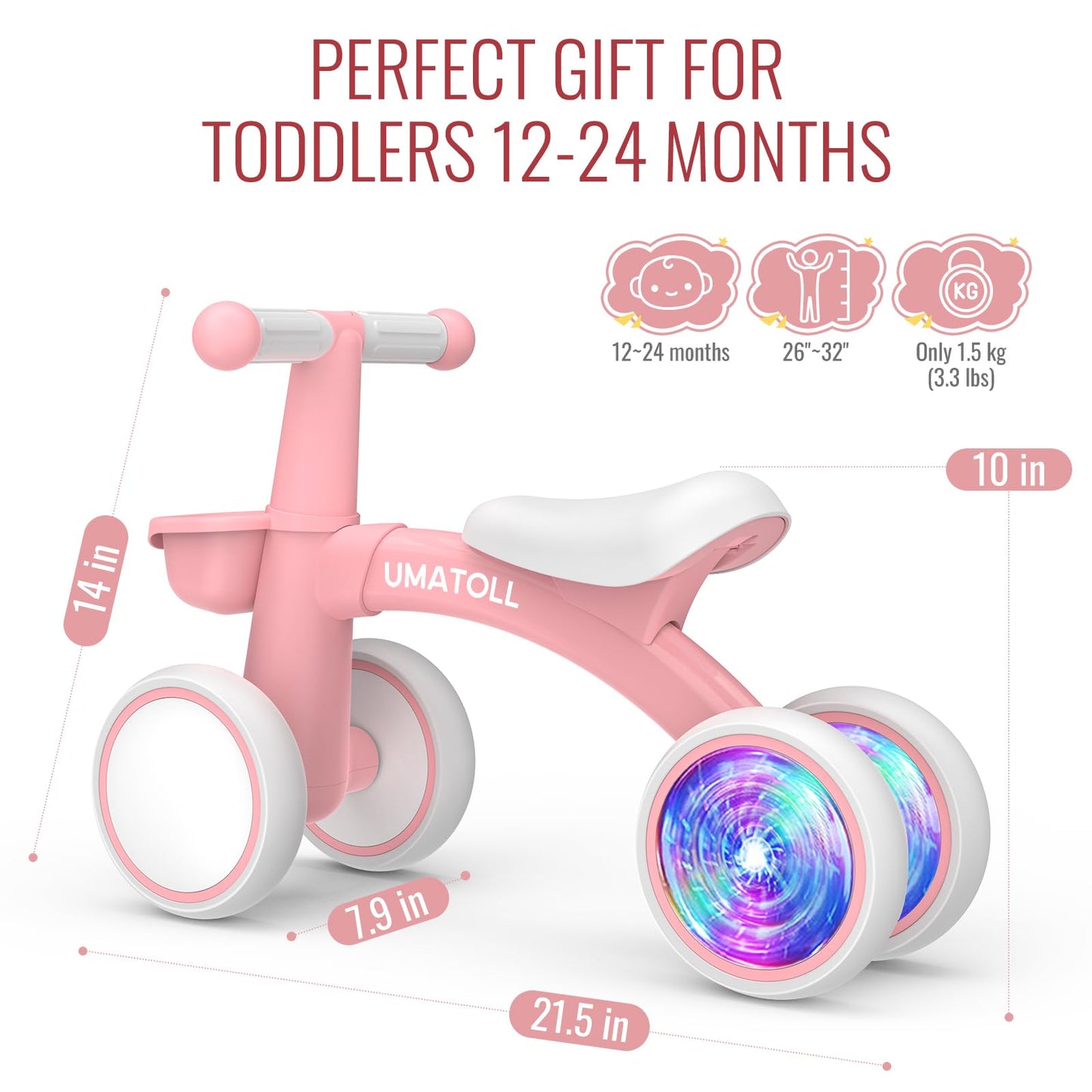 Umatoll Colorful Lighting Baby Balance Bike Toys for 1 Year Old Girls Gifts, Adjustable Seat, 1st Birthday Gifts, 12-24 Months Toddler Bike, Pink