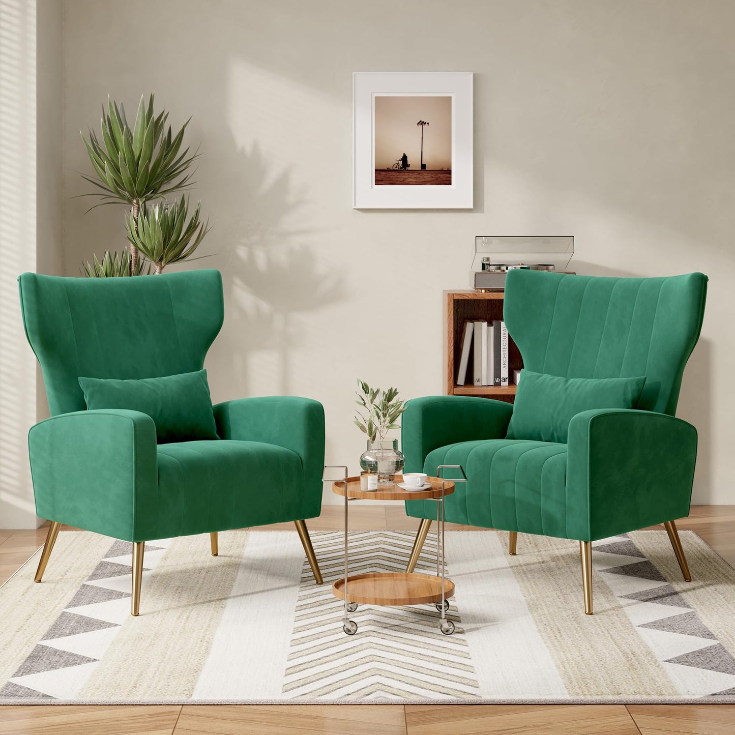 Nebuaegis Velvet Accent Chair Wingback for Living Room, High Back Arm Chair with Golden Legs Lumbar Pillow, Upholstered Single Sofa Bedroom Green