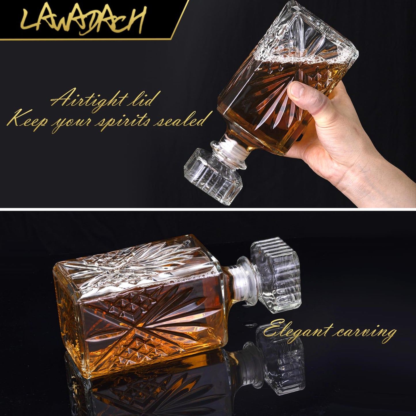 LAWADACH Whiskey Decanter, Liquor Decanters Set of 3, Glass Alcohol Bottle for Vodka, Tequila and Bourbon Unique Whiskey Bar and Party Decorations (28oz*2, 31oz*1)