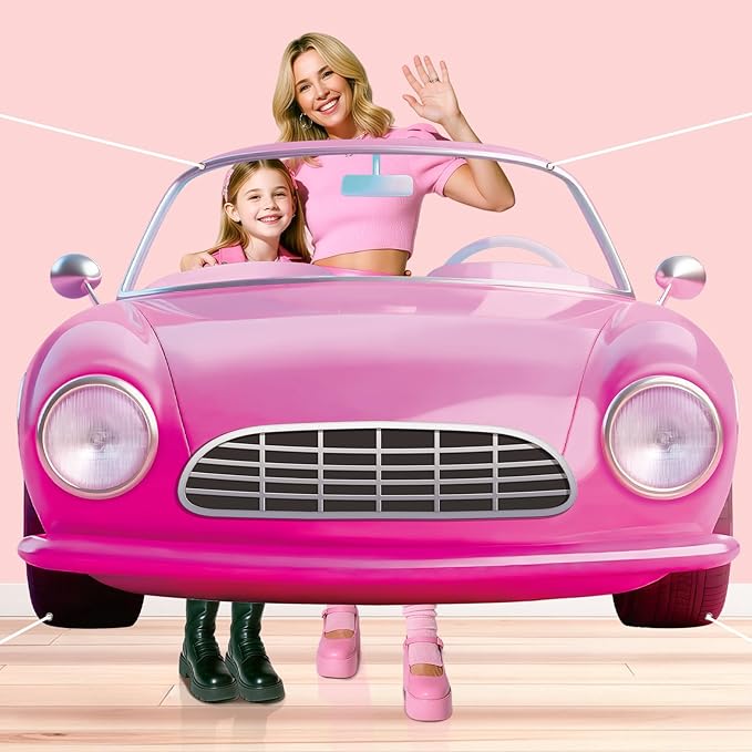Pink Car Girls Birthday Decorations Pink Car Shaped Backdrop for Doll Girl Princess Let's Go Party Photo Booth Props Bache...