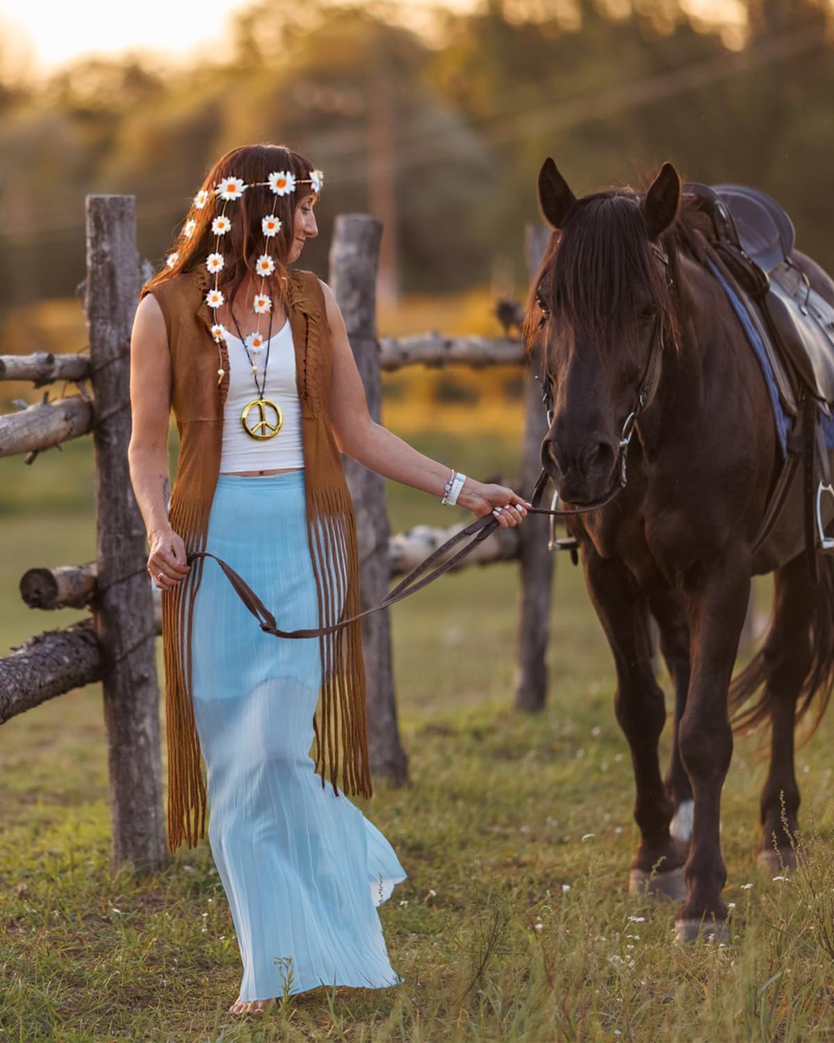 CEELGON 60s 70s Outfits Hippie Clothes for Women Disco Suede Fringe Vest Western Shirts Accessories Woman Cowgirl 1970 Style Decades Day Boho Costume Tops Flower Crowns (L)