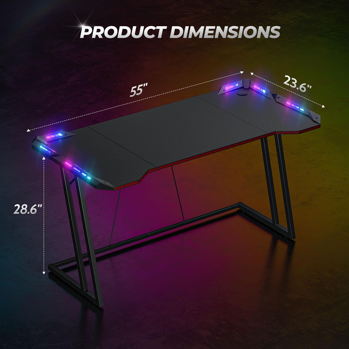 CubiCubi 55 Inch Carbon Fiber Surface Gaming Desk with LED Lights, Z-Shaped Computer Table, Ergonomic Office Desk & PC Workstation with Cable Management, Home Office Desks & Gamer Table, Black
